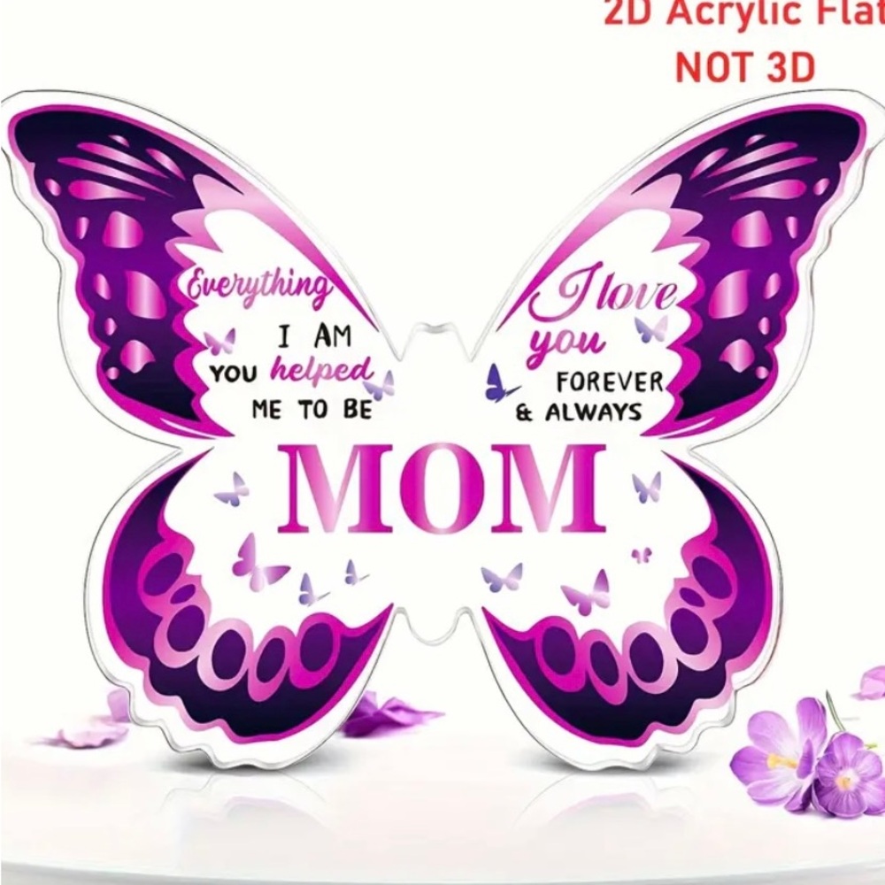 Mom Purple Clear Acrylic 2 Dimensional Butterfly Shaped Plaque